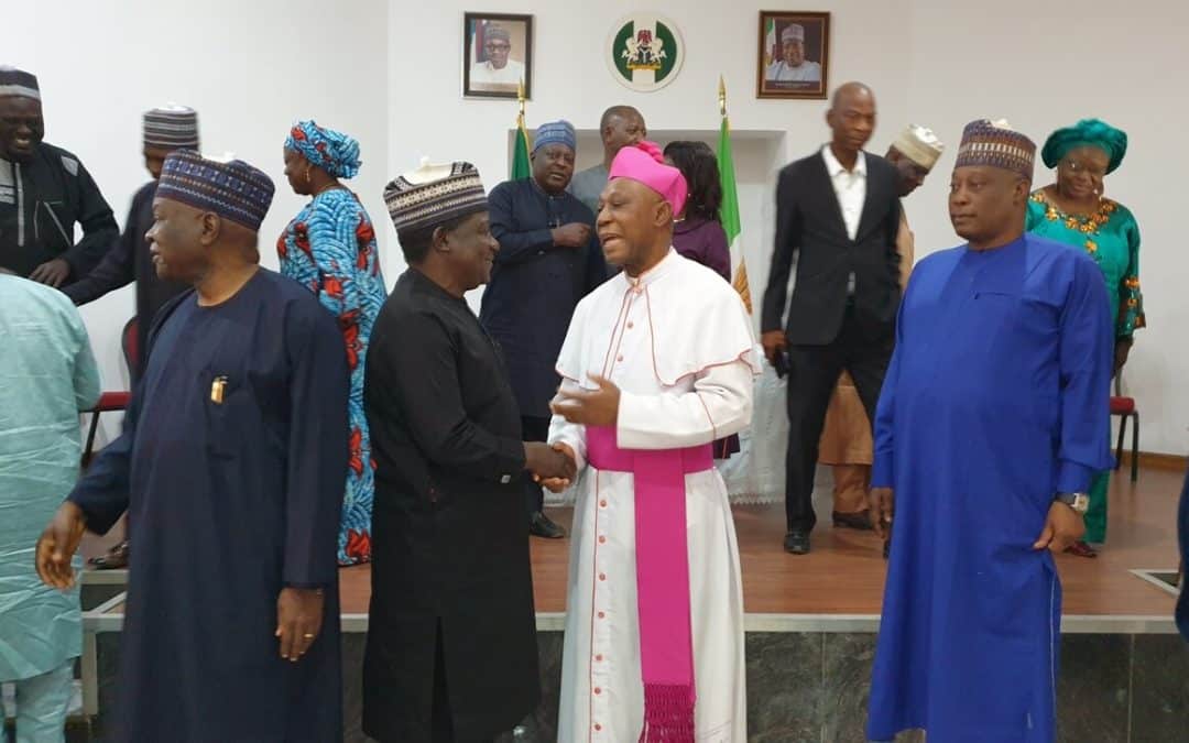 Msgr. Obiora Ike with Gov. Simon Lalong at Government House in Jos, Plateau State